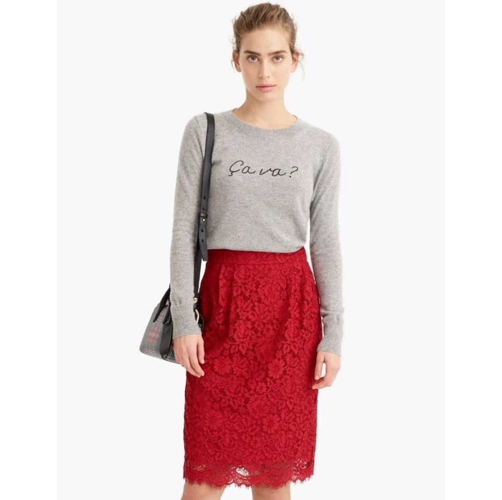 J. Crew Pintuck Red Lace Pencil Skirt